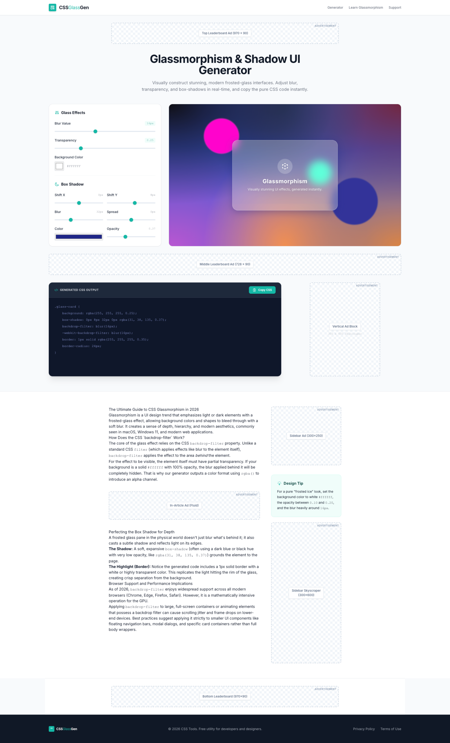 CSS Glassmorphism and Shadow generator